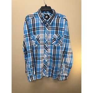 Y2K Ocean Pacific Mens XL Turquoise White Plaid Long Sleeve Button Down Shirt